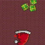 Sombrero navideño rojo pixelado con borde blanco junto a un par de regalos verdes con cintas doradas sobre un fondo marrón con patrón repetido