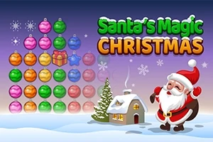 Santa Claus sonriente junto a árbol de Navidad y casa nevada con esferas de colores al fondo