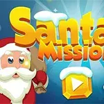 Santa Claus y un reno sonríen junto al texto Santas Mission con un fondo azul brillante