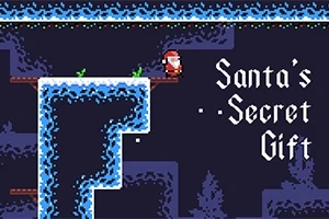 Gráficos pixelados con un personaje vestido de Santa Claus en un escenario de plataformas nevadas, con el texto Santas Secret Gift