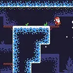 Gráficos pixelados con un personaje vestido de Santa Claus en un escenario de plataformas nevadas, con el texto Santas Secret Gift