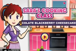Personaje animado en una cocina colorida con letreros de texto en inglés y un botón de reproducción
