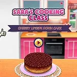 Dibujo de una chef sonriente junto a un pastel de cereza en una cocina colorida con un botón de reproducción