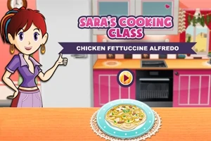 Una ilustración de una chica animada en una cocina con un plato de fettuccine alfredo sobre la mesa y un botón de reproducción