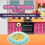 Una ilustración de una chica animada en una cocina con un plato de fettuccine alfredo sobre la mesa y un botón de reproducción
