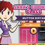 Dibujo de una chica con cabello rojo levantando el pulgar frente a una cocina de color rosa con una placa de Mutton Biryani