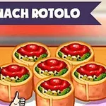Personaje animado sonriendo y haciendo el gesto de aprobación junto a seis rollos de espinaca cubiertos de salsa roja, con un letrero que dice Spinach Rotolo