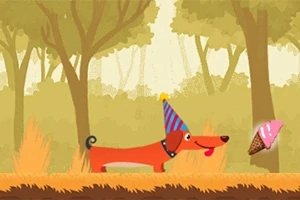 Perro caricaturesco con sombrero de fiesta caminando hacia un helado de fresa en un bosque