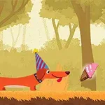 Perro caricaturesco con sombrero de fiesta caminando hacia un helado de fresa en un bosque
