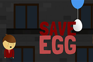 Personaje animado junto a un huevo suspendido por un globo azul y texto rojo que dice SAVE EGG
