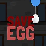 Personaje animado junto a un huevo suspendido por un globo azul y texto rojo que dice SAVE EGG