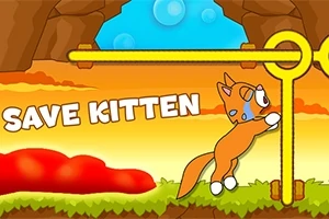Gatito naranja intentando resolver un rompecabezas en un paisaje animado con cielo azul y texto SAVE KITTEN