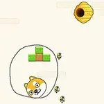 Un dibujo de un gato dentro de un círculo dibujado a mano, con abejas volando alrededor y un panal de abejas en la parte superior