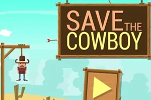 Personaje de vaquero colgado junto a un cartel que dice SAVE THE COWBOY con un botón de reproducción triangular