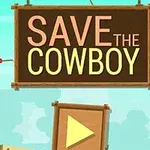 Personaje de vaquero colgado junto a un cartel que dice SAVE THE COWBOY con un botón de reproducción triangular