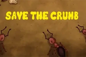 Hormigas sobre un fondo marrón con texto amarillo que dice SAVE THE CRUMB