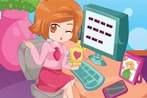 Niña pelirroja guiñando un ojo, sentada en un escritorio con computadora, sosteniendo una caja de regalo con corazón, rodeada de plantas y una foto enmarcada