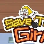 Dibujo de una mujer rubia asustada con texto grande y colorido que dice Save The Girl junto a una bomba