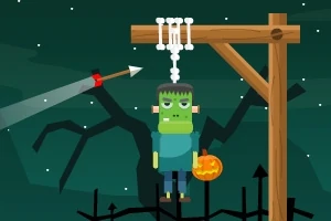 Un personaje de Frankenstein colgado de una estructura de madera con una calabaza iluminada y un árbol al fondo, mientras una flecha se dirige hacia la cuerda