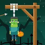 Un personaje de Frankenstein colgado de una estructura de madera con una calabaza iluminada y un árbol al fondo, mientras una flecha se dirige hacia la cuerda