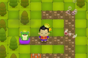 Príncipe pequeño con una corona junto a una rana con corona en un paisaje de bosque cuadrado y burbujas alrededor