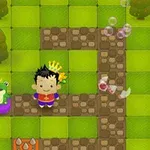 Príncipe pequeño con una corona junto a una rana con corona en un paisaje de bosque cuadrado y burbujas alrededor