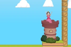 Una princesa en un vestido rosa está de pie en la cima de una torre rodeada de nubes y vegetación