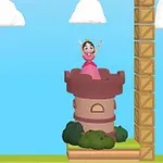 Una princesa en un vestido rosa está de pie en la cima de una torre rodeada de nubes y vegetación