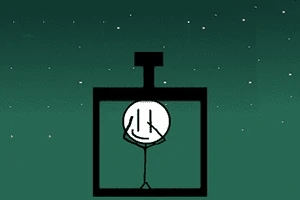 Dibujo de un personaje de palo dentro de una caja negra en una noche estrellada