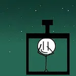 Dibujo de un personaje de palo dentro de una caja negra en una noche estrellada