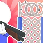 Personaje con cabeza blanca sin rasgos faciales sosteniendo una escopeta frente a una puerta decorativa sobre un fondo rojo