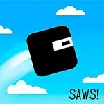 Un cuadrado negro con un detalle blanco en el centro, saltando en el cielo azul con nubes y la palabra SAWS!