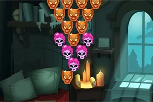 Máscaras de calavera y gato en colores naranja y rosa suspendidas en una habitación oscura con velas encendidas junto a una ventana iluminada
