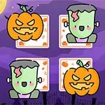 Calabazas y caricaturas de Frankenstein en un paisaje de Halloween con tarjetas decorativas y fondo morado