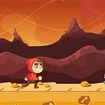 Personaje corriendo con capucha roja, perseguido por un esqueleto, en un paisaje desértico con montañas al fondo y un pequeño zombi al frente
