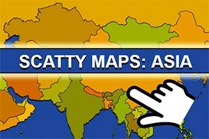 Mapa colorido de Asia con una mano señalando y un texto que dice Scatty Maps: Asia