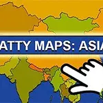 Mapa colorido de Asia con una mano señalando y un texto que dice Scatty Maps: Asia