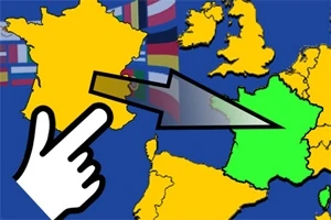 Mapa de Europa con una mano señalando a Francia, resaltada en amarillo, y un flecha sobre ella