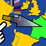 Mapa de Europa con una mano señalando a Francia, resaltada en amarillo, y un flecha sobre ella