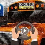 Autobús escolar amarillo estacionado junto a un signo de parqueo con un volante en primer plano