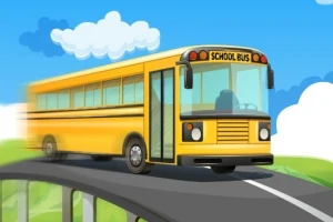 Un autobús escolar amarillo está avanzando rápidamente por un camino curvo bajo un cielo azul con nubes