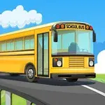 Un autobús escolar amarillo está avanzando rápidamente por un camino curvo bajo un cielo azul con nubes
