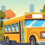 Autobús escolar amarillo en un parque con árboles y edificios al fondo