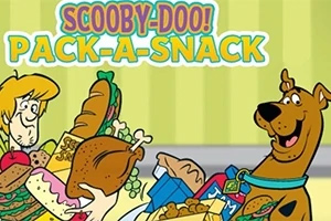 Scooby-Doo! Pack-a-Snack Shaggy y Scooby-Doo cargando una variedad de comida, incluyendo sándwiches y un pavo, sobre un fondo amarillo