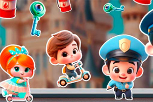 Personajes infantiles animados en scooters con colores brillantes, acompañados de un policía caricaturizado, con fondo de un castillo y objetos como llaves y latas flotando alrededor