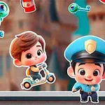 Personajes infantiles animados en scooters con colores brillantes, acompañados de un policía caricaturizado, con fondo de un castillo y objetos como llaves y latas flotando alrededor