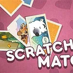 Fondos con imágenes de animales superpuestos y texto Scratch & Match en grande sobre un fondo rosa con corazones