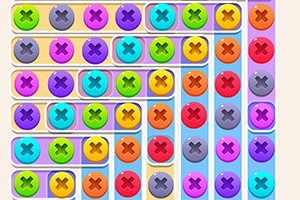 Botones de colores brillantes con cruces dentro, organizados en una cuadrícula sobre un fondo claro