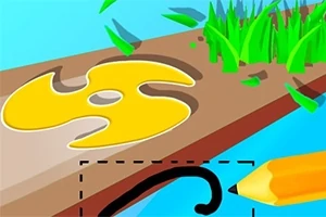 Un diseño amarillo sobre una tabla de madera, con pasto verde y un lápiz formando un trazo en el fondo azul