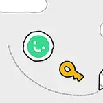 Carita feliz verde, dibujo de un lápiz y una llave amarilla sobre un fondo gris claro con nubes esbozadas